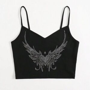 shein coolane rhinestone graphic cami top black cotton silver bling y2k xs 2